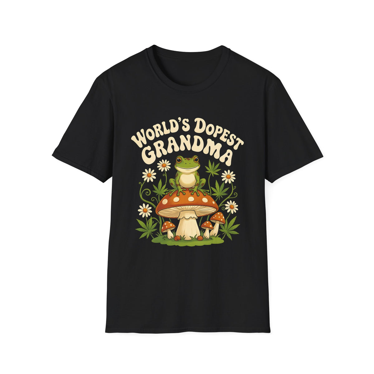 World's Dopest Grandma tee with frog on mushroom graphic