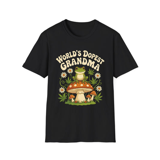 World's Dopest Grandma tee with frog on mushroom graphic